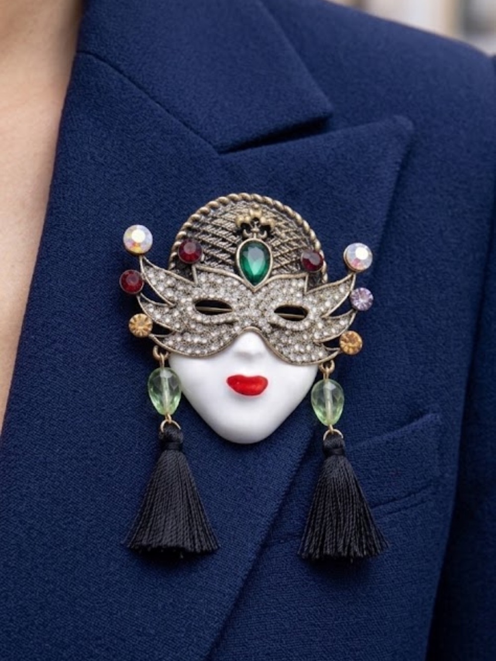 NWT Venetian Masquerade Mask Brooch Rhinestone Tassel Pin Statement